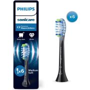 Set de 6 capete Philips Sonicare C3 Premium Plaque Defence Medium Soft HX9046/88, Rigiditatea perilor moale-mediu, Dimensiune standard, Negre
