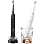 Set 2 periuţe de dinți electrice Philips Sonicare DiamondClean 9000 HX9914/69, Senzor presiune, 4 moduri, 3 intensități, Pahar, Stand, App Sonicare, O încărcare 14 zile, Rose Gold & Black