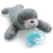 Focă de pluș cu suzetă Philips AVENT Ultra Soft SCF348/14, 0-6 luni, Ortodontică, Fără BPA, Detașabile, Jucăria compatibilă cu toate suzetele Philips AVENT, Ușor de găsit, Greutate redusă, Material moale