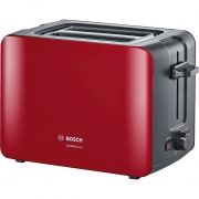 Prajitor de pâine compact BOSCH ComfortLine TAT6A114, 1090W (6 trepte), 2 fante, Dezghețare, Încălzire, High Lift, Grătar integrat pliabil, Buton STOP,  Centrare automată, Roșu