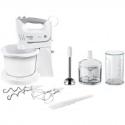 Mixer de mână BOSCH ErgoMixx MFQ36490, 450W (5 trepte și Turbo), Bol rotativ cu suport inclus (500g făină și ingrediente), Teluri, spirale și cuțit din oțel inoxidabil, Vas mărunțire, Vas mixare, Spatulă, 74dB