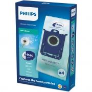 Set de 4 saci pentru aspirator Philips s-bag Anti-Allergy FC8022/04, Material sintetic pentru filtrare antialergică excelentă, Mărime standard, Ideal pentru persoanele care suferă de astm și alergii