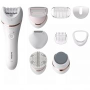 Epilator Philips Seria 8000 BRE740/10, Wet~Dry~Shower, Fără fir, Picioare și corp, 9 accesorii, Li-Ion QC (uz 40min,reînc. 2h), Cap epilare extralat, Discuri ceramice, Lumină, Husă