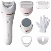 Epilator Philips Seria 8000 BRE730/10, Wet-Dry-Shower, Fără fir, Picioare și corp, 7 accesorii, Li-Ion QC (uz 40min,reînc. 2h), Cap epilare extralat, Discuri ceramice, Lumină unică, Husă, 77dBA