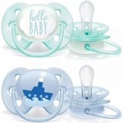 Set de 2 suzete Philips Avent ultra soft SCF222/01, ortodontică, fără BPA, cutie de transport, ușor de sterilizat, mâner cu inel de siguranță, 0-6 luni,ultra moale și flexibilă.