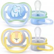 Set de 2 suzete Philips AVENT Ultra Air SCF085/01, 0-6 luni, Ortodontică, Fără BPA, Tetină catifelată, Orificii foarte mari, Cutie de transport și sterilizare, Mâner cu inel de siguranță, Margini rotunjite