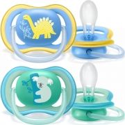 Set de 2 suzete Philips AVENT ultra air SCF349/11, Peste 18 luni, Ortodontice, Tetine catifelate extra ferme, Fără BPA, Menține pielea sensibilă fină și uscată, Mâner cu inel de siguranță, Cutie transport