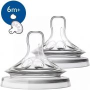 Set de 2 tetine Philips AVENT Natural SCF046/27, 6 luni, Tetine moi și flexibile din silicon fără BPA, Debit consistent (lichide îngroșate), Design spiralat cu petale, Supapă anti-colici, Anti-aplatizare