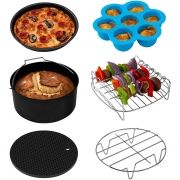 Set de accesorii COSORI C158-6AC pentru AirFryer Cx158, Tavă adâncă prăjituri, Tavă pizza, Formă silicon ouă-brioșe, Suport metalic carne, Grilaj cu 5 frigărui, Covoraș silicon cu rezistență mare la c