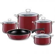 Set de 5 vase RIESS NOUVELLE ROSSO Extra Strong Premium Emaille 0558-008 - 17001212, Pentru carne D16 2l-D20 4l-D24 6.5l, Pentru sos D20 2l, Tigaie D28, Toate sursele de căldură, Noble Red