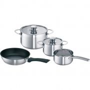 Set de 4 vase din oțel BOSCH by Schulte-Ufer HEZ390042 - 00576026, Pentru plite BOSCH pe inducție, Oală cu capac D22 de 4.2l, Oală cu capac D16 de 1.7l, Tigaie teflonată (PTFE) D24, Tigaie sos D16 de 1.2l