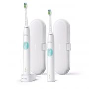 Set 2 periuţe Philips ProtectiveClean 4300 HX6807/35, 2 mânere, 2 W2 Optimal White, 2 tocuri, 1 încărcător, 1 mod periere, Senzor presiune, BrushSync, Rezistență apă IPX7, Li-Ion, White and Mint Green