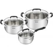 Set de 6 piese TEFAL Cook & Cool E493S674, Oțel inoxidabil, Pentru orice suprafață, Mânere fixe nituite siliconate, DW Safe