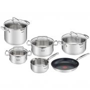 Set de 10 piese TEFAL Duetto+ G718SA74, Pentru familii de până la 6 persoane, Oțel inoxidabil 18/10, Pentru orice suprafață, Mânere fixe robuste nituite, Marcare interioară, Zonă de turnare intuitivă, DW Safe