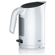 Fierbător BRAUN WK3000WH, 2200 W, 3 nivele die siguranță, capacitate 1L, bază rotativă 360°, indicator nivel apă, indicator on-off, fierbere rapidă, filtru anti-calcar, capac deschidere 90°,design compact, culoare: alb