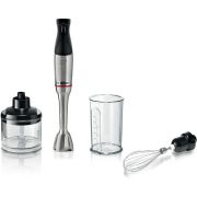 Blender de mână BOSCH Serie 6 ErgoMaster MSM6M821, 1200W (variabilă), Cuțit 4 lame QuattroBlade System Pro, Tocător 500ml, Tel, Pahar, Cuplă ceramică, AntiSplash, Mâner SoftGrip, C1.4m, Stainless Steel