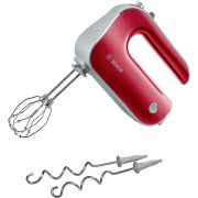 Mixer de mână BOSCH Styline MFQ40303, 500W, Două palete FineCreamer din inox, 5 trepte de putere și funcție Turbo, Lavabil în mașina de spălat vase, Mâner Soft Touch, 2 spirale din oțel inoxidabil, Roșu/Gri