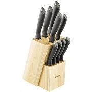 Set de cuțite Tefal Comfort Touch K221SB04, cu bloc de cuțit din lemn, 10 bucăți, 20,50 x 11,00 x 35,50 (LxAxA) cm, Material de lamă: Oțel inoxidabil, Material mâner: plastic, Culoare: Negru / Inox