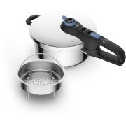 Oală sub presiune TEFAL Secure Trendy P2580402, Volum 4l, 5 sisteme de siguranță, 2 nivele de presiune, Controlul presiunii, Coș pentru preparare la aburi, Oțel inoxidabil, Aqua Blue
