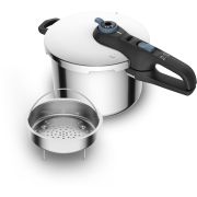 Oală sub presiune TEFAL Secure Trendy P2580701, Volum 6l, 5 sisteme de siguranță, 2 nivele de presiune, Controlul presiunii, Coș pentru preparare la aburi, Oțel inoxidabil