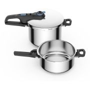Set 2 oale sub presiune TEFAL Secure Trendy P2584301, Volum 4+6l, 5 sisteme de siguranță, 2 nivele de presiune, Controlul presiunii, Coș pentru preparare la aburi, Oțel inoxidabil